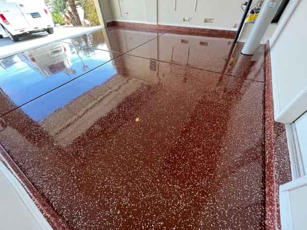 super glossy red epoxy garage flooring with white flake